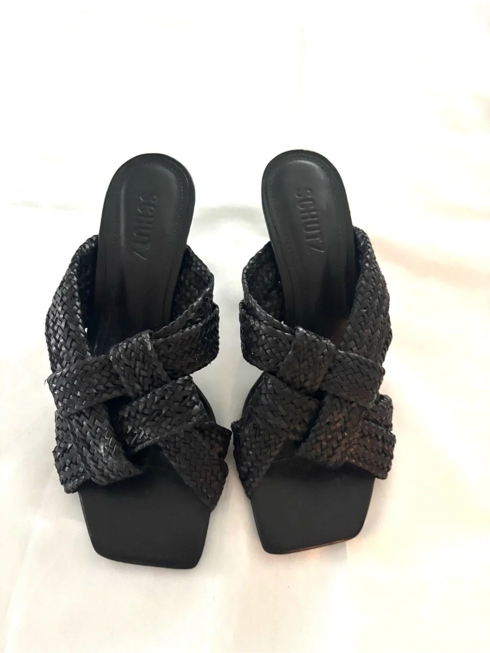 NWT SCHUTZ Black Kali Kitten Walk Heel Sandals Braided SZ 6.5 B